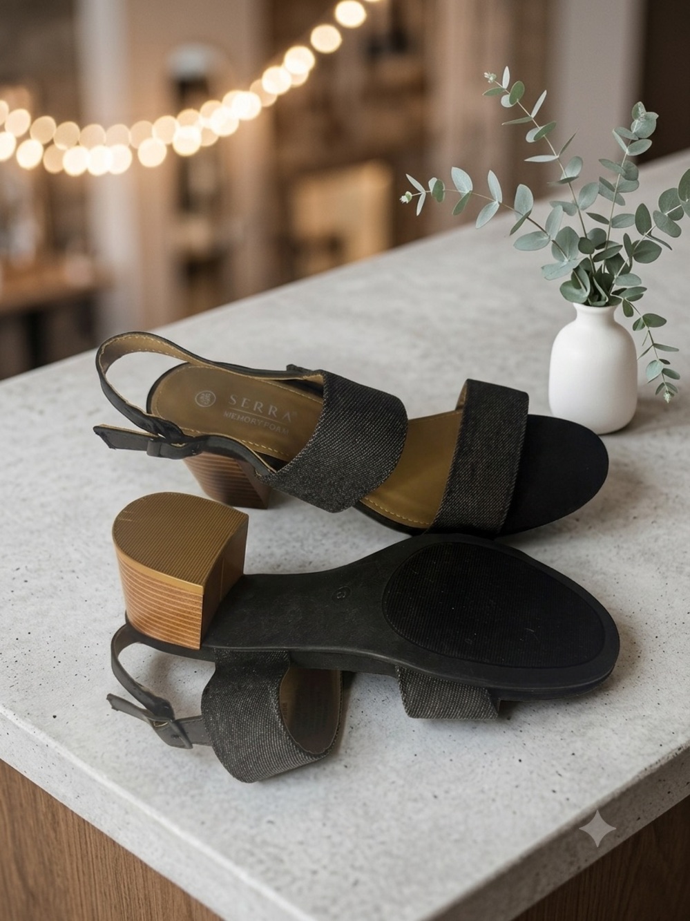 SERRA Black Denim-Style Double Strap Block Heel Sandals